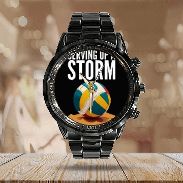 Discover Serving Up A Storm Funny Beach Volleyball Baseball Tees Calendar Steel Band Watch
