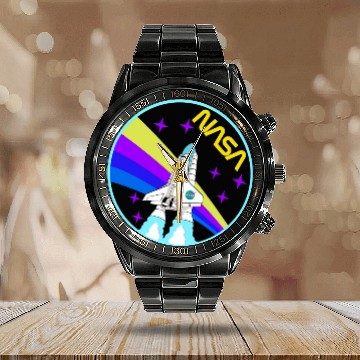 Discover Lacrosse Gift NASA Space Shuttle Worm Logo Rainbow 21 Zip Calendar Steel Band Watch