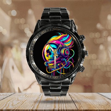 Discover Rainbow Astronaut Skull Space Lovers Cool Graphic Calendar Steel Band Watch 4 Baseball Tees
