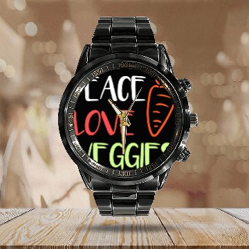 Discover Peace Love Veggies Vegetable Calendar Steel Band Watch