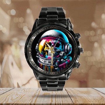 Discover Rainbow Astronaut Skull Space Lovers Cool Graphic Calendar Steel Band Watch 5 Calendar Steel Band Watch