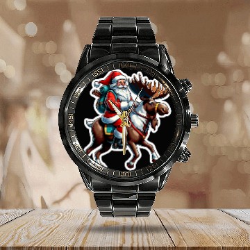 Discover Santa Claus Riding Moose Christmas Moose Baseball Tees Calendar Steel Band Watch