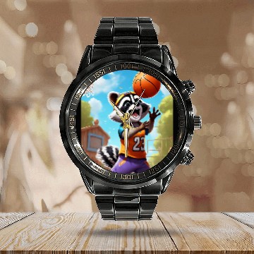 Discover Raccoon Paying Basketball Calendar Steel Band Watch