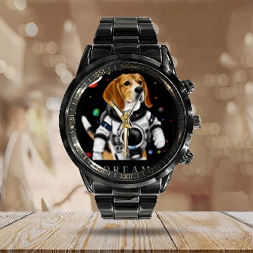 Discover Funny Beagle Dog creative astronaut Pet Owner Calendar Steel Band Watch