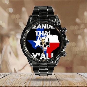 Discover Neanderthal Texas Yall with Skull Design Calendar Steel Band Watch