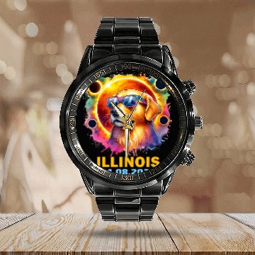 Discover Illinois Total Solar Eclipse 2024 Golden Retriever Colorful Calendar Steel Band Watch