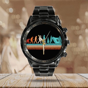 Discover Retro Camping Evolution Nature Camper Hiking Outdoor Calendar Steel Band Watch