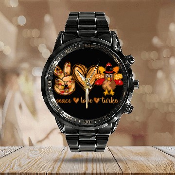 Discover Peace Love Turkey Funny Thanksgiving Lover Baseball Tees Calendar Steel Band Watch