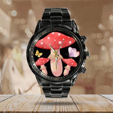 Discover Mushrooms and Butterflies Calendar Steel Band Watch