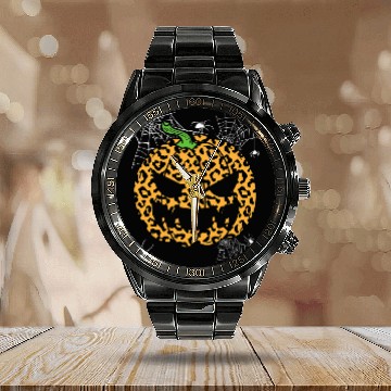 Discover Womens Halloween Spider Webs Cheetah Pumpkin Calendar Steel Band Watch