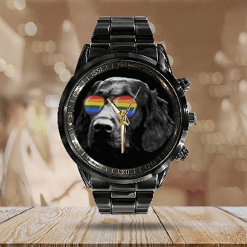 Discover Pride Month Flatcoated Retriever Rainbow Flag Baseball Tees Calendar Steel Band Watch