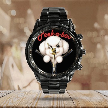Discover Funny Peekaboo Bichon Frise Calendar Steel Band Watch
