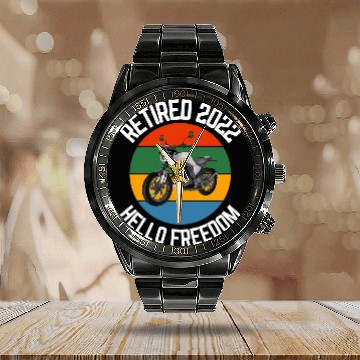 Discover Retired Biker 2Hello Freedom Motorcycle Calendar Steel Band Watch