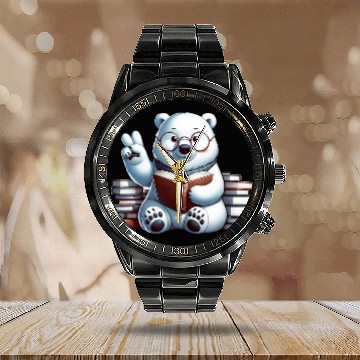 Discover Peace Hand Polar Bear Librarian Book Lover Reader Reading Calendar Steel Band Watch