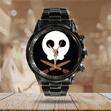 Discover Skull and Paintbrush Artist Crossbones Calendar Steel Band Watch