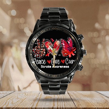 Discover Peace Love Cure Butterfly Stroke Awareness Calendar Steel Band Watch