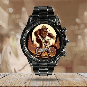 Discover Sasquatch Mountain Biker MTB Biking 2 Zip Calendar Steel Band Watch