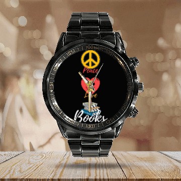 Discover Peace Love Books Book Lovers Bookworm Baseball Tees Calendar Steel Band Watch