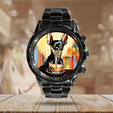 Discover Miniature Pinscher Coffee Funny Dog Beverage Calendar Steel Band Watch