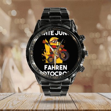 Discover Motocross Motorcycle Rider Calendar Steel Band Watch