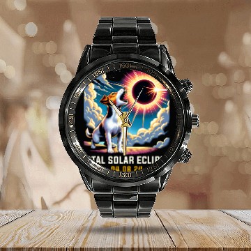 Discover Jack Russell Terrier Dog Howling At Solar Eclipse Calendar Steel Band Watch