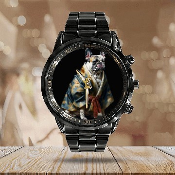 Discover Funny french bulldog on kimono Calendar Steel Band Watch