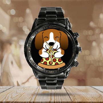 Discover Pizza Basset Hound Dog Calendar Steel Band Watch