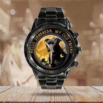 Discover Pitbull And Halloween Moon Hello Darkness My Old Friend Calendar Steel Band Watch