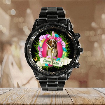 Discover Happy Easter Border Collie Wearing Bunny Ear Eggs Cool Calendar Steel Band Watch