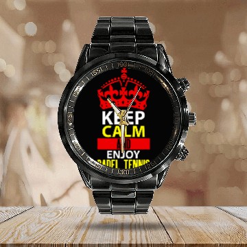 Discover Keep Calm and enjoy Padel Tennis Calendar Steel Band Watch