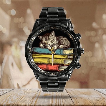 Discover Librarian Cottagecore Aesthetic Cute Cat Book Reading Lover Baseball Tees Calendar Steel Band Watch