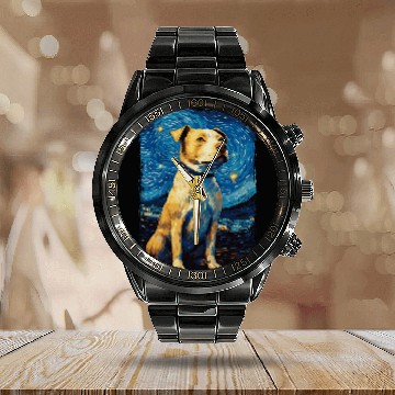 Discover Pitbull Dog Starry Night Calendar Steel Band Watch
