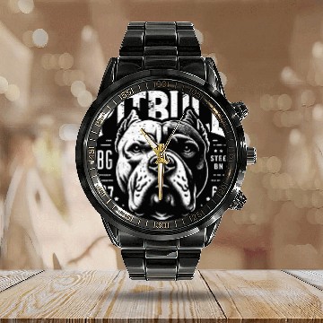 Discover Pitbull Dog Head Graphic Design in Monochrome Calendar Steel Band Watch
