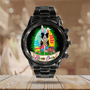 Discover Happy Easter Bunny Border Collie With Easter Eggs Lover Calendar Steel Band Watch