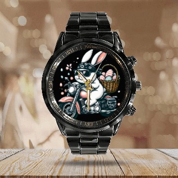 Discover Motorcycle Bunny Easter Biker Eggs Zip Calendar Steel Band Watch