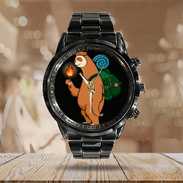 Discover Sloth Camping Wildlife Hiking Mountains Zip Calendar Steel Band Watch