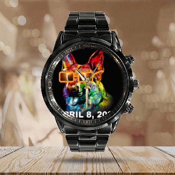 Discover German Shepherd Dog Wearing Glasses Total Solar Eclipse 2024 Zip Calendar Steel Band Watch