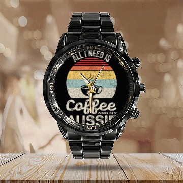 Discover Retro All I Need Is Coffee And My Aussie Australian Shepherd Baseball Tees Calendar Steel Band Watch