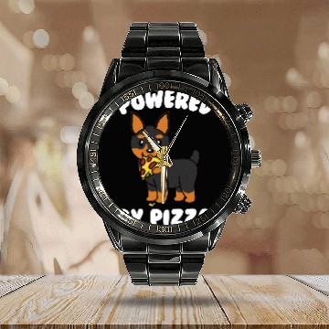 Discover Powered By Pizza Miniature Pinscher Dog Calendar Steel Band Watch