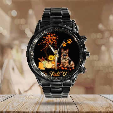 Discover German Shepherd Fall Leaves Autumn Maple Tree Thanksgiving Baseball Tees Calendar Steel Band Watch