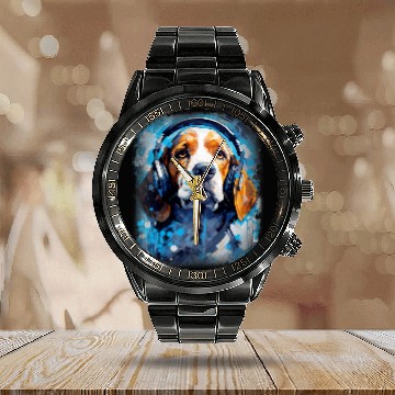 Discover Rave EDM Beagle Dog Headphone Calendar Steel Band Watch