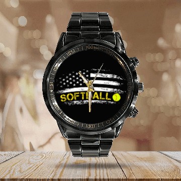 Discover Patriotic Softball Team American Flag Calendar Steel Band Watch