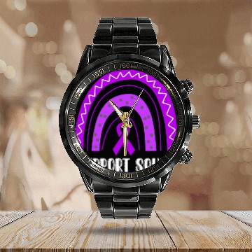 Discover Support Squad Purple Rainbow Ribbon Epilepsy Awareness Calendar Steel Band Watch