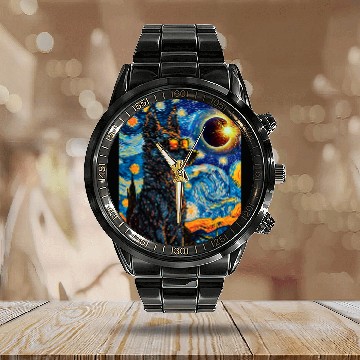 Discover Total Solar Eclipse Blue Heeler Dog Calendar Steel Band Watch