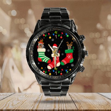 Discover Santa Hat xmass Light Three Yorkshire Terrier Christmas Socks Baseball Tees Calendar Steel Band Watch