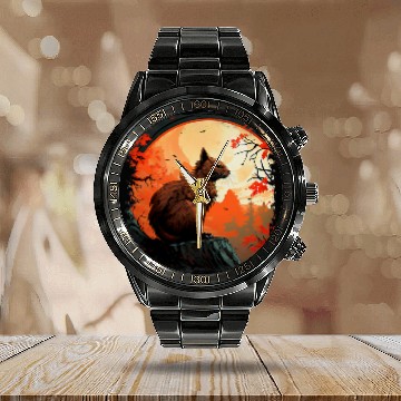 Discover Squirrel chipmunk on tree trunk Black orange moon animal art Calendar Steel Band Watch