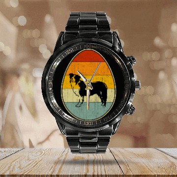 Discover Retro Style Easter Egg Graphic Easter Day Border Collie Dog Calendar Steel Band Watch