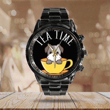 Discover Schnauzer Tea Time Funny Dog Beverage Calendar Steel Band Watch
