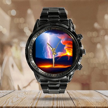 Discover Lightning Storm during an Volcanic eruption Calendar Steel Band Watch