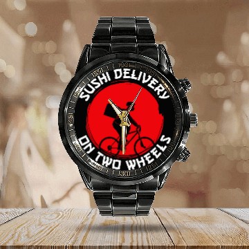 Discover Sushi Delivery On Two Wheels Bicycle Cycling Calendar Steel Band Watch